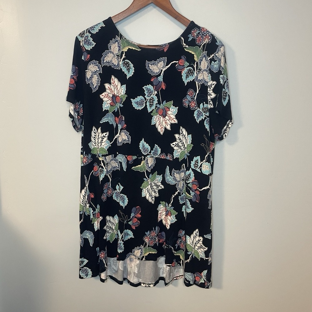 J Jill Wearever XS Tee Shirt Dress Tunic Long Length Black Floral Short Sleeve